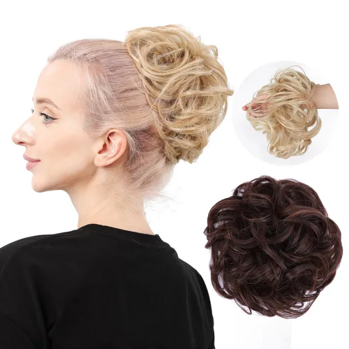 Moño de cabello despeinado castaño, moños desordenados falsos sintéticos, moño rizado, moño recogido y moño, extensiones de cabello envolvente para