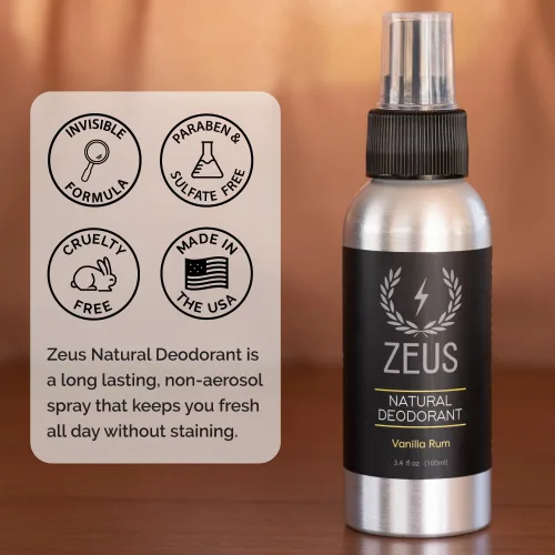 Miniatura 4 de ZEUS Desodorante corporal natural en aerosol para hombres, sin aluminio, apto para veganos, nutritivo para la piel con aceite de cártamo, suave