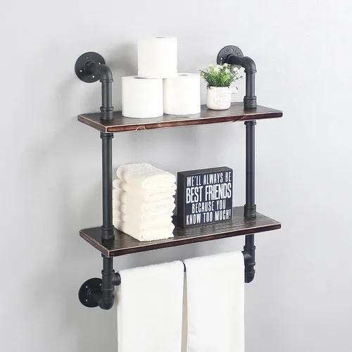 Miniatura 12 de MBQQ Estante de tubería industrial para baño, estantes montados en la pared, estante de madera rústica de 19.6 pulgadas con toallero, toallero