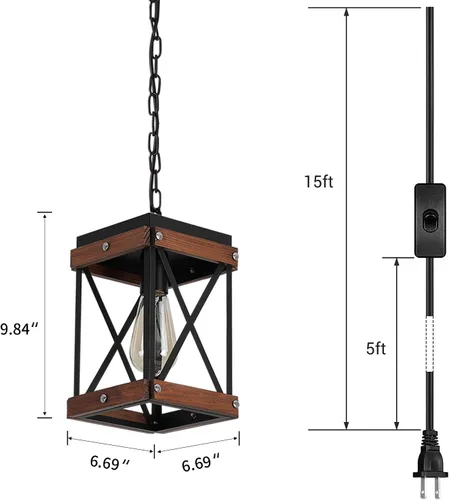 Miniatura 4 de Fivess Lighting Lámpara colgante rústica de granja con cable de 15 pies, interruptor de encendido/apagado, jaula de madera y metal, cadenas Negro