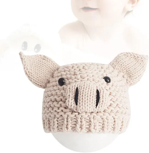 Miniatura 8 de Sombrero de punto para recién nacido, accesorios para fotografía de bebé, accesorios para fotos de cerdo de dibujos animados, color beige