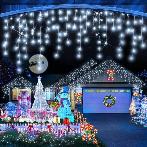 Miniatura 19 de Luces de Navidad para exteriores, 49 pies, 480 luces LED para exteriores, 90 tiras de luces de carámbano con 8 modos, temporizador impermeable