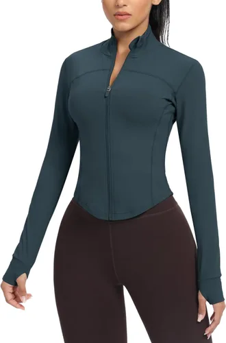 Miniatura 64 de AVGO Chaquetas de entrenamiento recortadas para mujer, con cremallera, ajustadas, atléticas, con agujeros para el pulgar