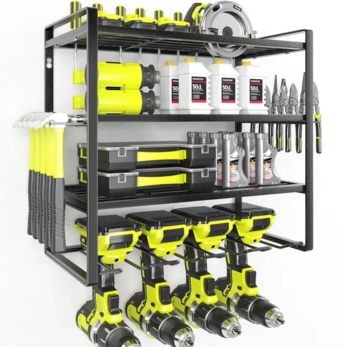 Miniatura 11 de KAFAHOM Organizador de herramientas eléctricas, soporte de pared grande para 8 taladros con 2 tableros de clavijas laterales, estante de Verde
