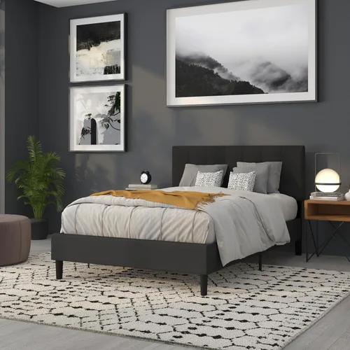 Miniatura 6 de BizChair Cabecero tapizado acolchado de tamaño matrimonial en tela negra Negro