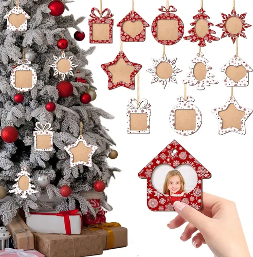 12 piezas de adornos de Navidad, marcos de fotos de copo de nieve de madera para árbol de Navidad, pequeños marcos de fotos colgantes para árbol de