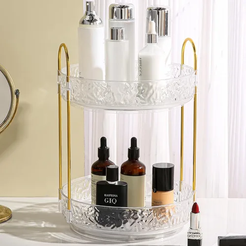 Fangoo Organizador de maquillaje giratorio transparente de 2 niveles para tocador, organizador de cuidado de la piel giratorio de 360 grados para