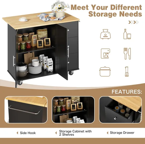 Miniatura 6 de Shintenchi Isla de cocina con hoja plegable, mesa de isla enrollable con almacenamiento, armario de cocina con ruedas con área de asiento