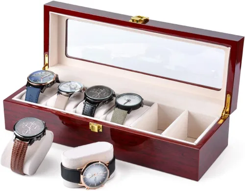 Karamanda Caja de reloj de pintura de madera con 6 ranuras anchas, organizador de almacenamiento de reloj rojo cereza con parte superior de vidrio y