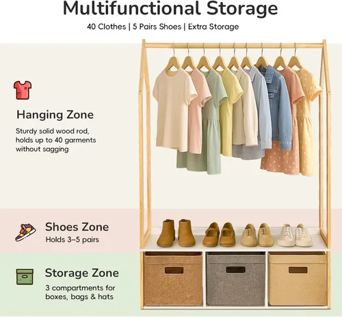 Miniatura 3 de Perchero de madera con almacenamiento, estantes de ropa independientes para colgar ropa perchero para dormitorio, entrada, sala de estar