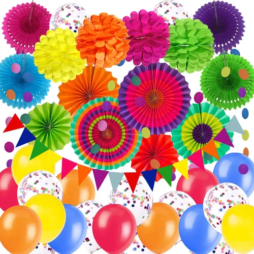 Miniatura 9 de ZERODECO Juego de abanicos de papel para colgar en fiestas, globos de confeti rosa, abanicos plegables decorativos, pompones de papel, banderas