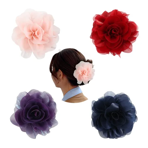 Miniatura 8 de Cinaci Paquete de 4 Lazos Grandes de Flores de Satén para el Cabello Rojos Azul Marino Negro Pinzas de Plástico para el Cabello Clips Cinta Tela