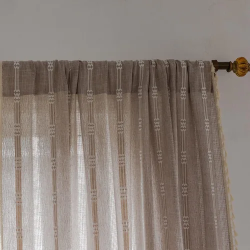 Miniatura 10 de 2 paneles de cortinas de lino semiopacas para ventana, bohemias y rústicas, con rayas bordadas y bolsillo para cortinero, para sala de estar
