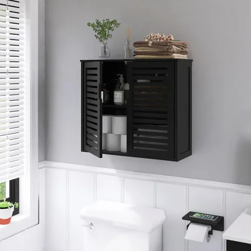 Miniatura 2 de HITNET Gabinete de almacenamiento de baño negro, gabinete de medicina colgante con estante ajustable, organizador de ahorro de espacio de bambú