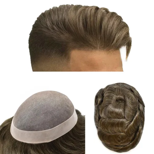 Miniatura 24 de LYRICAL HAIR Toupee para hombres de aspecto natural de cabello humano fino mono encaje hombres reemplazo sistema de pelo PU polipiel alrededor