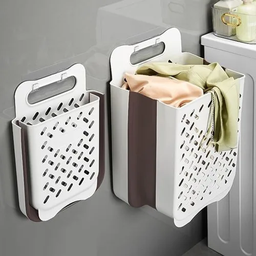 Miniatura 9 de Cestas de lavandería plegables de plástico con asa de transporte, cesta de lavandería para colgar en la pared que ahorra espacio, cesta de Gris