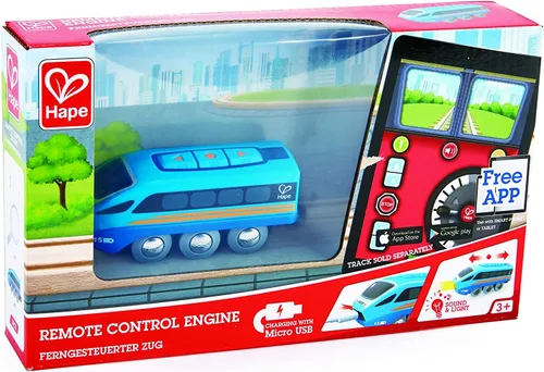 Miniatura 3 de Hape Tren de motor a control remoto Juguete ferroviario para niños, vehículo RC con aplicación o botón con 5 sonidos reproducibles, función