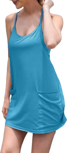 Miniatura 4 de UNIANKIYA Enterizo de entrenamiento para mujer con pantalones cortos debajo, sin mangas, tirantes delgados, trajes atléticos, trajes casuales