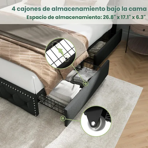 Miniatura 7 de LARMACE Base de cama tamaño King con 4 cajones de almacenamiento, base de cama tapizada de terciopelo, plataforma King con luces LED y estación