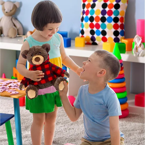 Miniatura 6 de DolliBu Oso marrón de felpa con capucha a cuadros rojos, oso suave y abrazable, adorable peluche de oso marrón del zoológico, bonito regalo