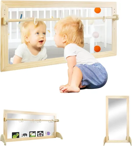 Espejo Montessori con barra, barra de dominadas ajustable de madera para bebé, piso y pared, inastillable, seguridad, coordinación infantil, muebles