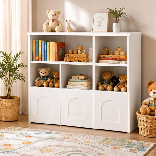 knoworld Organizador de almacenamiento de juguetes, estantería para niños con 5 cubos + 3 cajones enrollables con ruedas de 360°, caja de juguetes