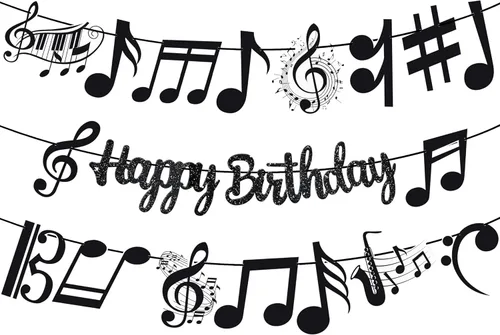 Miniatura 2 de Cartel de feliz cumpleaños con notas musicales, decoraciones de fiesta musical negra para tema de piano, suministros de baby shower