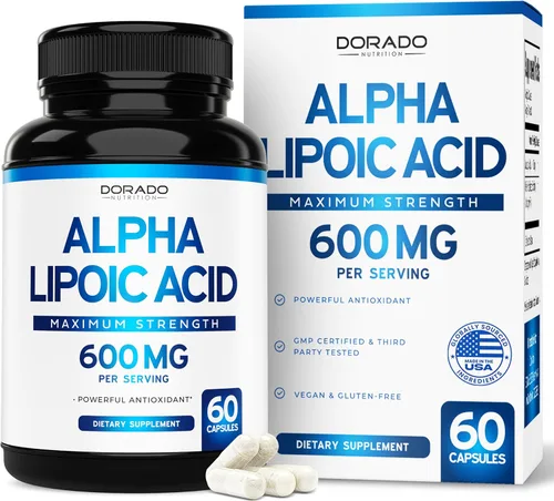 Ácido alfa lipoico de 600 mg por porción, 60 cápsulas, potente antioxidante para neuropatía y salud cardiovascular (suplemento ALA) - Probado por