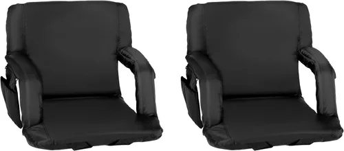 Miniatura 3 de EMMA + OLIVER Silla plegable para estadio con reposabrazos, juego de 2, respaldo y asiento acolchados negros, 6 posiciones reclinables, correas