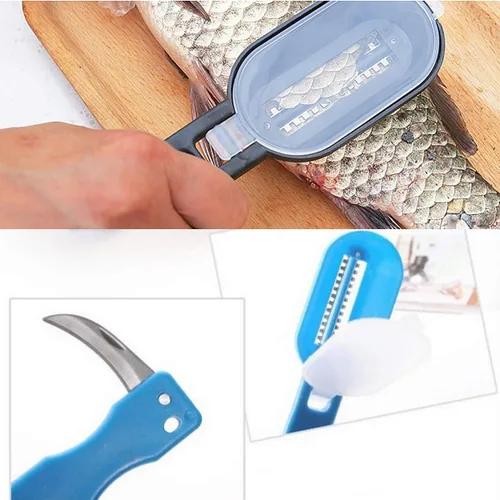 Miniatura 5 de Escalador de pescado con cuchillo, removedor de escamas de pescado, raspador de escamas de pescado con tapa cubierta, 2 en 1 limpiador de pescado