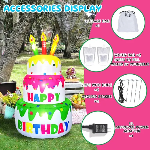 Miniatura 3 de Pastel inflable de cumpleaños de 4 pies de alto, regalo de cumpleaños novedoso, pastel de cumpleaños inflable con velas iluminadas, 6 luces LED