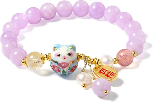 Miniatura 4 de Pulsera de gato de la suerte con cristal azul, colgante de gato de cerámica, joyería de buena suerte Feng Shui para mujer, pulsera de riqueza