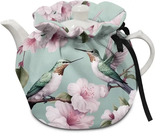 Miniatura 12 de DISNIMO Funda de tetera aislada a prueba de polvo con diseño floral de colibrí, para mantener el calor, accesorios decorativos, colcha