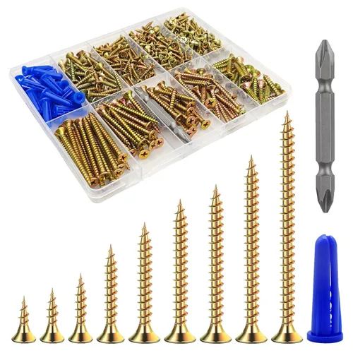 Miniatura 36 de Wensilon (385 piezas) Tornillos de cabeza plana negros para madera, tornillos autorroscantes de cabeza plana para metal rápido, equipados con kit