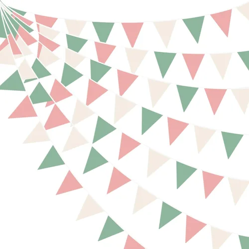 Miniatura 13 de Decoraciones de fiesta verde salvia de 32 pies, bandera triangular verde aguacate, banderines de tela, banderines para cumpleaños, boda, baby