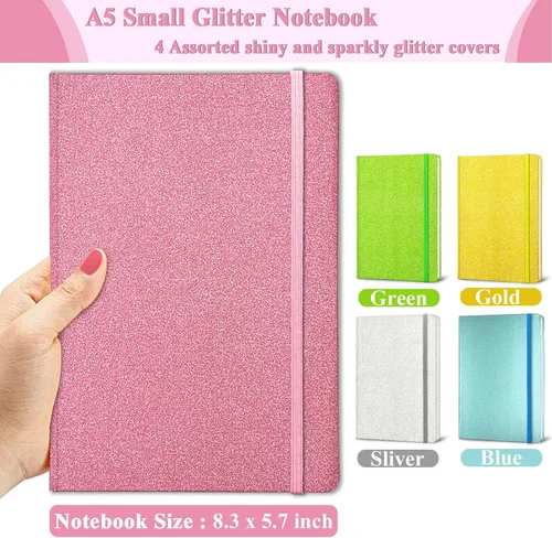 Miniatura 4 de Cuaderno rosa con purpurina, 8.3 x 5.7 pulgadas, 160 páginas rayadas con purpurina que nunca se despega, diario brillante para niñas, cuadernos