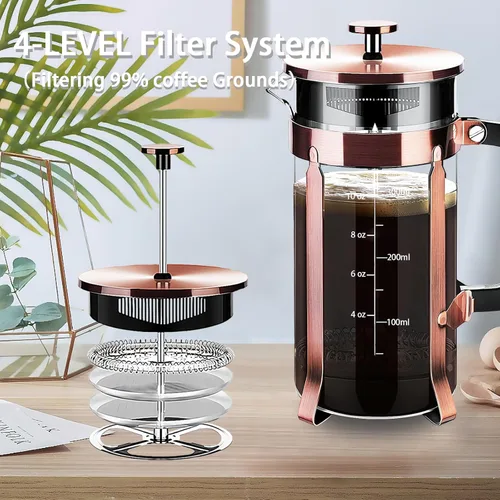 Miniatura 7 de YMMIND Cafetera de Prensa Francesa de Acero Inoxidable 304, Cafetera de Prensa Francesa con Sistema de 4 Filtros, Vidrio de Borosilicato Resistente
