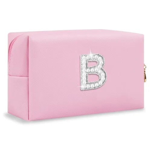 Miniatura 266 de Pequeña bolsa de maquillaje personalizada con inicial A-Z Preppy Patch, bolsa de cosméticos de viaje de felpilla blanca con cremallera, bonita bolsa