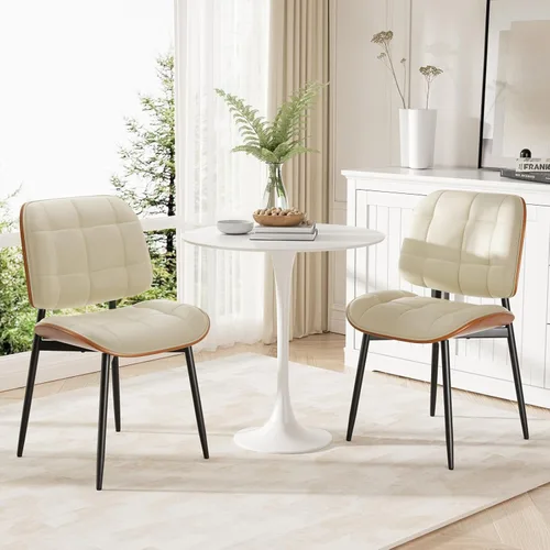 Miniatura 6 de Silla de comedor, moderna de mediados de siglo con cojín grueso, sillas de cocina tapizadas de piel sintética con respaldo de madera curvada de Beige