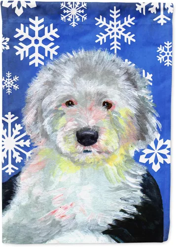 Miniatura 192 de Caroline's Treasures SC9374GF Bulldog English Snow flakes Holiday Garden Flag Buzón Bandera decorativa para patio exterior, patio, obras de arte