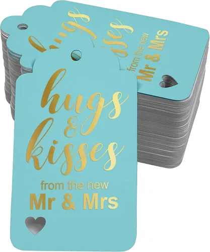 Hugs and Kisses from The New Wedding Bottle Tag - Etiquetas colgantes de papel de aluminio dorado real, paquete de 50 unidades
