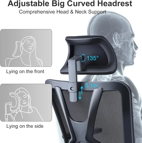 Miniatura 9 de Ticova Silla de oficina ergonómica – Silla de escritorio con respaldo alto con soporte lumbar ajustable, reposacabezas y reposabrazos 3D – Silla
