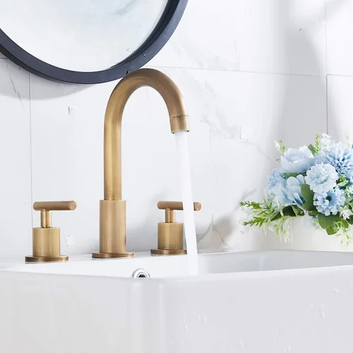Miniatura 3 de Grifo de baño de 2 manijas 3 agujeros 360 caño giratorio latón antiguo grifo de fregadero de baño con drenaje desplegable Latón envejecido.