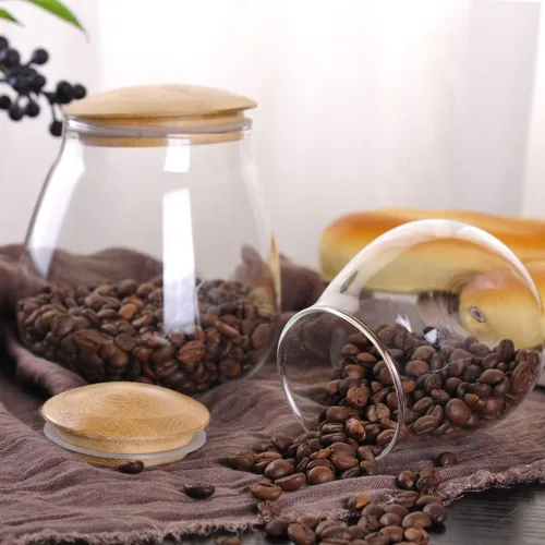 Miniatura 5 de WHJY Recipiente de almacenamiento de vidrio transparente de 13 onzas con tapa hermética de bambú, pequeño y moderno tarro decorativo redondo