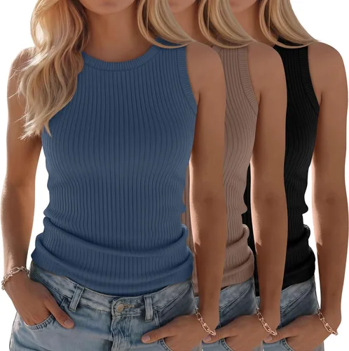 Miniatura 19 de Paquete de 3 camisetas sin mangas de algodón para mujer, de punto acanalado, casuales, básicas, de cuello redondo, ajustadas, de verano, con espalda