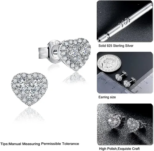 Miniatura 9 de DAYBYDAY Aretes de plata de ley 925 de moissanita para mujeres y niñas, delicados y lindos corazones, redondos, cojines, ovalados, color D, VVS1