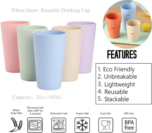Miniatura 2 de Vasos reutilizables irrompibles ecológicos para adultos (20 onzas), juego de 5 vasos de paja de trigo, aptos para lavavajillas.