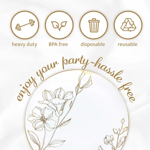 Miniatura 5 de PLASTICPRO Platos de plástico blanco con diseño floral con borde dorado, platos desechables elegantes y pesados de primera calidad