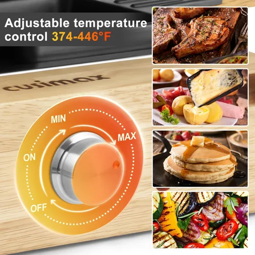 Miniatura 5 de CUSIMAX - Parrilla de mesa de raclette para interiores, parrilla eléctrica de 1500 W con placa antiadherente reversible 2 en 1/base de madera