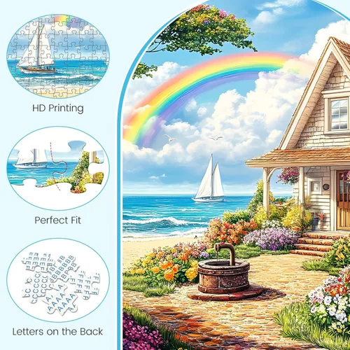 Miniatura 3 de Rompecabezas de 500 piezas para adultos, rompecabezas acogedor de cabaña de playa de 500 piezas, rompecabezas vibrante de cielo arcoíris, perfecto